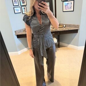 INC 100% Silk Navy and Tan Polka Dot wrap blouse size 8.